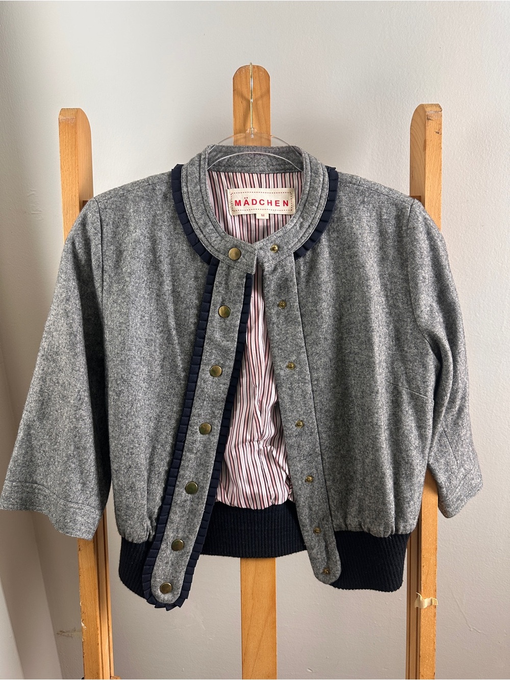 Gray Wool-Blend Bomber Jacket with Navy Trim